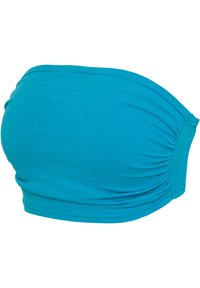 Turkis bandeau topp laget av myk, elastisk stoff; har samlet detaljer på sidene og en sømløs design.