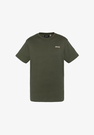 T-shirt in cotone verde oliva con maniche corte, scollatura rotonda e un piccolo logo bianco sul lato sinistro del petto. Design classico a taglio dritto.