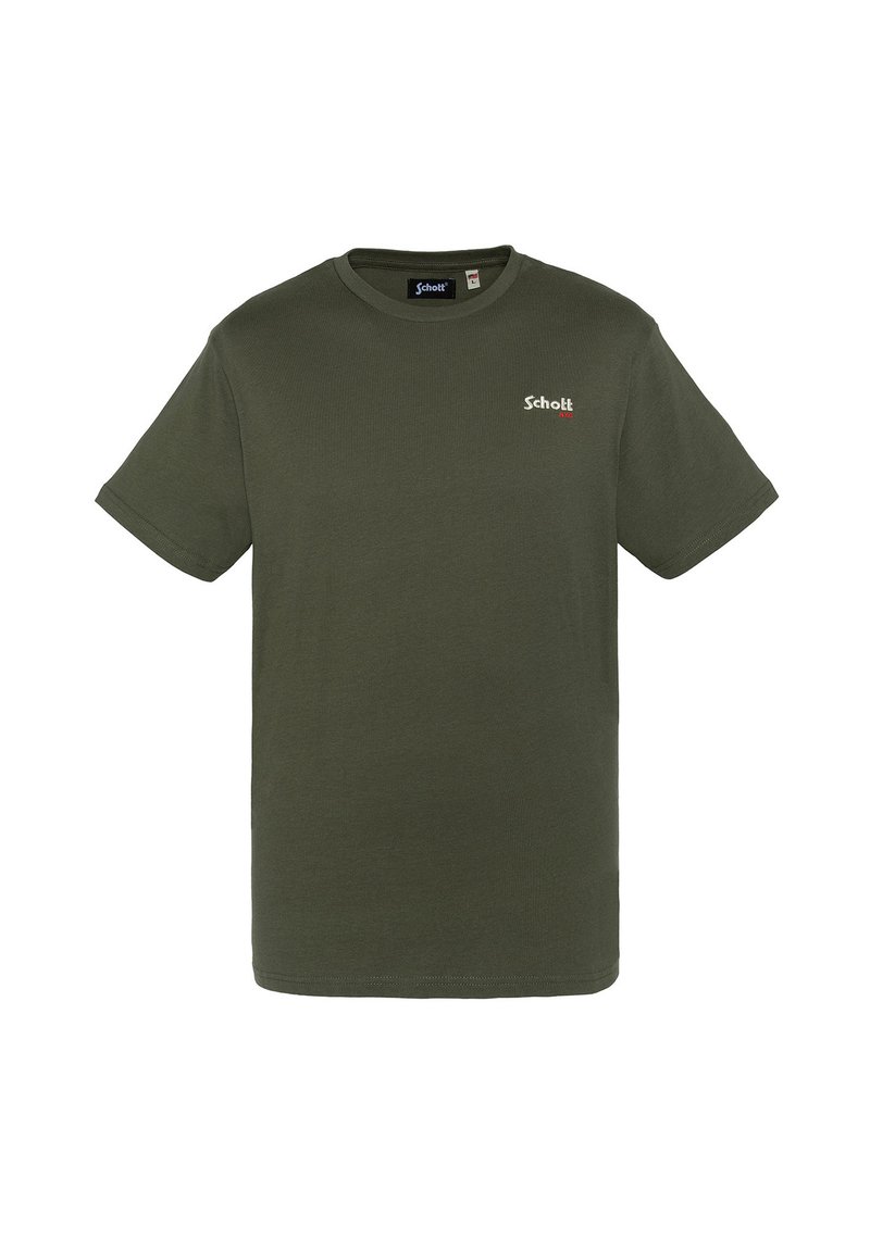 Camiseta de algodón verde oliva con mangas cortas, cuello redondo y un pequeño logo blanco en el lado izquierdo del pecho. Diseño clásico de corte recto.