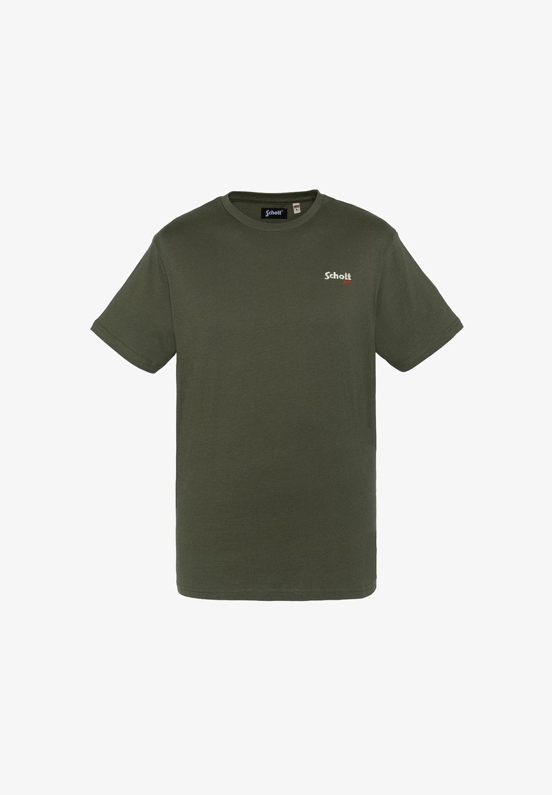 T-shirt en coton vert olive avec des manches courtes, col rond et un petit logo blanc sur la poitrine gauche. Design classique à coupe droite.