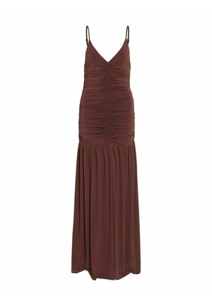 Robe longue marron sans manches avec bretelles spaghetti, corsage froncé, taille cintrée et jupe plissée fluide.