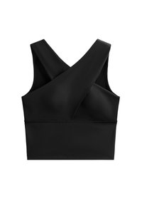 Sutien sport negru cu un design în cruce pe față, bretele late, textură netedă și o siluetă ajustată.