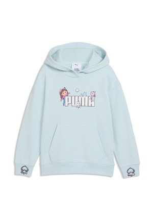 Lyseblå hættetrøje med forlomme, Puma-logo og tegneseriefigurer, herunder en pige med katteører og flere katte omkring teksten.