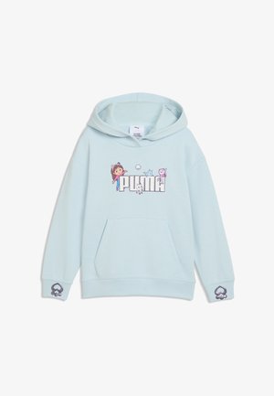Hellblauer Hoodie mit Fronttasche, Puma-Logo und Cartoonfiguren, darunter ein Mädchen mit Katzenohren und mehrere Katzen rund um den Text.
