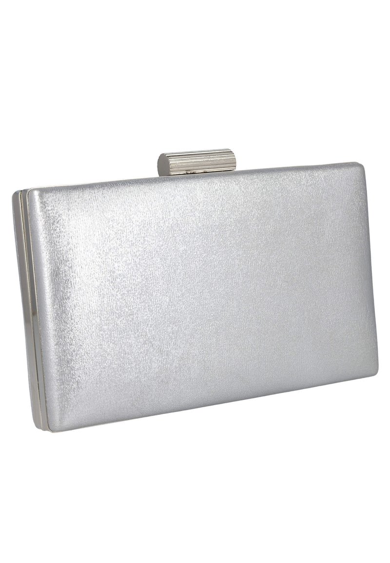 Bolso de mano metálico plateado con superficie lisa y texturizada, de forma rectangular. Cuenta con un cierre superior estriado para un acceso seguro.