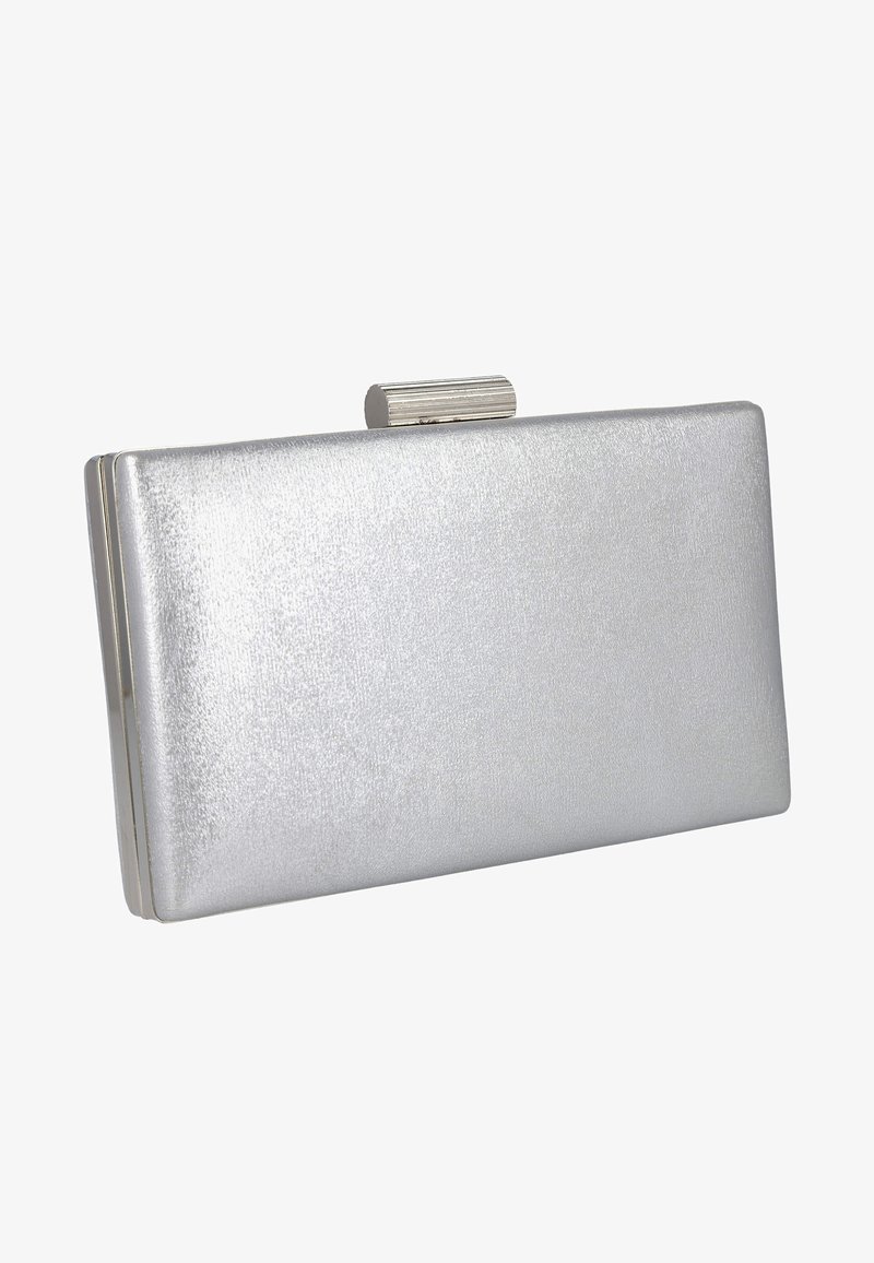 Bolso de mano metálico plateado con superficie lisa y texturizada, de forma rectangular. Cuenta con un cierre superior estriado para un acceso seguro.