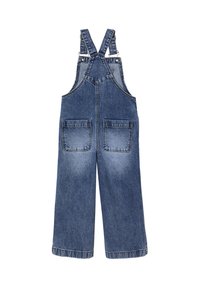 Jeans-Latzhose mit lockerer Passform, blauer Farbe, verstellbaren Trägern, zwei vorderen Taschen und zwei hinteren Taschen. Ausgestattet mit einem faded Waschfinish.