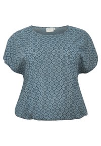 Blauw kort T-shirt gemaakt van lichte stof met een overal geometrisch patroon in donkerblauwe lijnen op een lichtblauwe achtergrond.