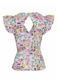 Blouse imprimé floral avec des fleurs roses, jaunes et vertes, manches volantées, taille cintrée et détail dos ouvert en forme triangulaire.