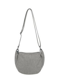 Graue Wildleder-Crossbody-Tasche mit geschwungener Form, verstellbarem Riemen und glatter Textur; verfügt über einen Reißverschluss oben und metallische Akzente.