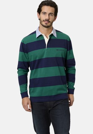 Langarm-Polohemd mit grünen und marineblauen horizontalen Streifen, einem hellblauen Kragen und einem dezenten Logo auf der Brust. Aus weichem Baumwollmaterial.