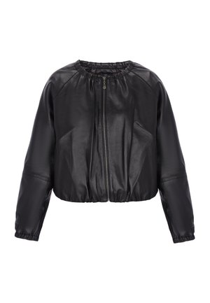 Zwarte leren cropped jas met een geraffineerde halslijn, lange mouwen en een ritssluiting aan de voorkant. Heeft een gladde textuur en minimale ontwerpdetails.