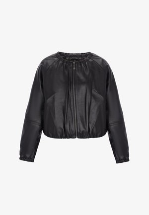 Zwarte leren cropped jas met een geraffineerde halslijn, lange mouwen en een ritssluiting aan de voorkant. Heeft een gladde textuur en minimale ontwerpdetails.