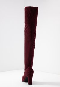 Bota sobre la rodilla en color burdeos de suave terciopelo, con tacón alto de aguja y cremallera lateral para facilitar el uso. Textura lisa en toda la bota.