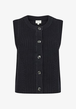 Dark navy knitted sleeveless vest featuring a round neckline, six large buttons, and vertical ribbed texture along the sides.