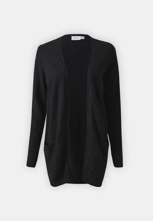 Cardigan noir avec un décolleté en V plongeant, des manches longues et des poches latérales. Fabriqué en tissu doux, il présente une coupe décontractée et des poignets côtelés.