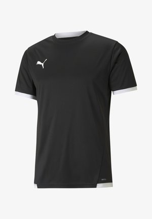 Czarna sportowa koszulka wykonana z lekkiego materiału z białymi akcentami na rękawach. Na piersi znajduje się małe białe logo.