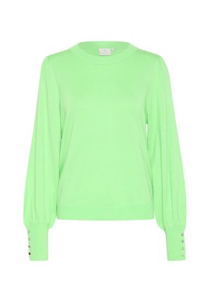 Pull en maille verte avec de longues manches bouffantes, col rond, ourlet côtelé et accents de boutons en argent sur les poignets ; tissu léger avec une texture lisse.