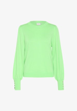 Grön stickad tröja med långa puffärmar, rund halsringning, ribbad fåll och silverknappar på ärmsluten; lätt tyg med en mjuk textur.