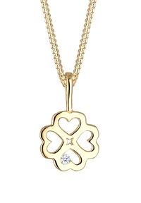Guldfarvet blomsterpendant med hjerteformede udskæringer, prydet med en lille diamantaccent. Hængende fra en delikat kæde med en tekstureret finish.