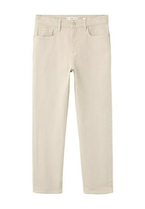 Pantaloni beige a gamba dritta con bottone frontale e cerniera, cinque tasche e passanti per cintura, distesi su uno sfondo bianco.