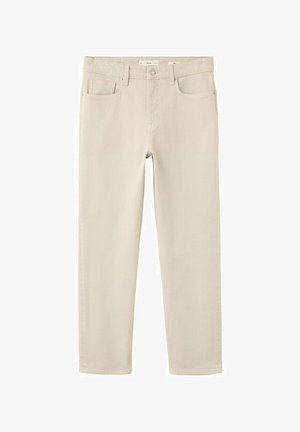 Pantaloni beige a gamba dritta con bottone frontale e cerniera, cinque tasche e passanti per cintura, distesi su uno sfondo bianco.