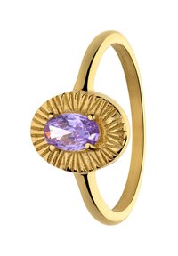 Gold-tone ring featuring an oval light purple gemstone set in a textured sunburst design. Smooth band complements the ornate centerpiece.