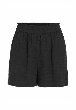 Zwarte shorts met een elastische tailleband, gemaakt van lichtgewicht stof, met een relaxte pasvorm en een subtiele gematteerde oppervlak.