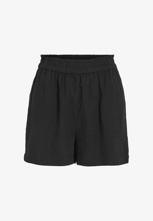 Zwarte shorts met een elastische tailleband, gemaakt van lichtgewicht stof, met een relaxte pasvorm en een subtiele gematteerde oppervlak.