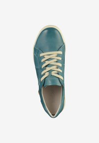 Teal leather sneaker with cream laces, rounded toe, and a textured side panel. Inner lining is light-colored, featuring branding.