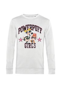 Felpa bianca con grafica "Powerpuff Girls", caratterizzata da personaggi dei cartoni animati e stelle rosa; colletto rotondo, maniche lunghe, texture morbida.