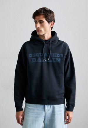 Black hooded sweatshirt made of soft fabric, featuring a large blue text print "DSQUARED2 DARLIN’" across the chest and front kangaroo pocket.