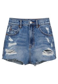 Shorts de mezclilla en azul claro con desgastes y rasgaduras, dobladillo deshilachado, cinco bolsillos y cierre de botón metálico. Corte clásico.