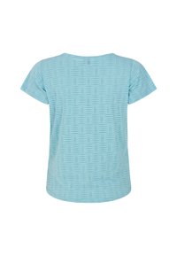 Šviesiai mėlynas trumpomis rankovėmis marškiniai su tekstūriniu mažų kvadratėlių ir linijų raštu. Apvalus kaklas ir minkšta medžiaga.