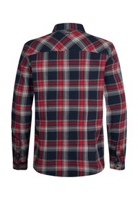 Langarm geruite shirt in marineblauw, rood en grijs. Voorzien van een klassieke kraag, knoopmanchetten en een yoke-design aan de achterkant.