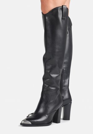 Black leather knee-high boots with a sleek design, pointed toes, metallic accents, and a zipper closure along the inner side.