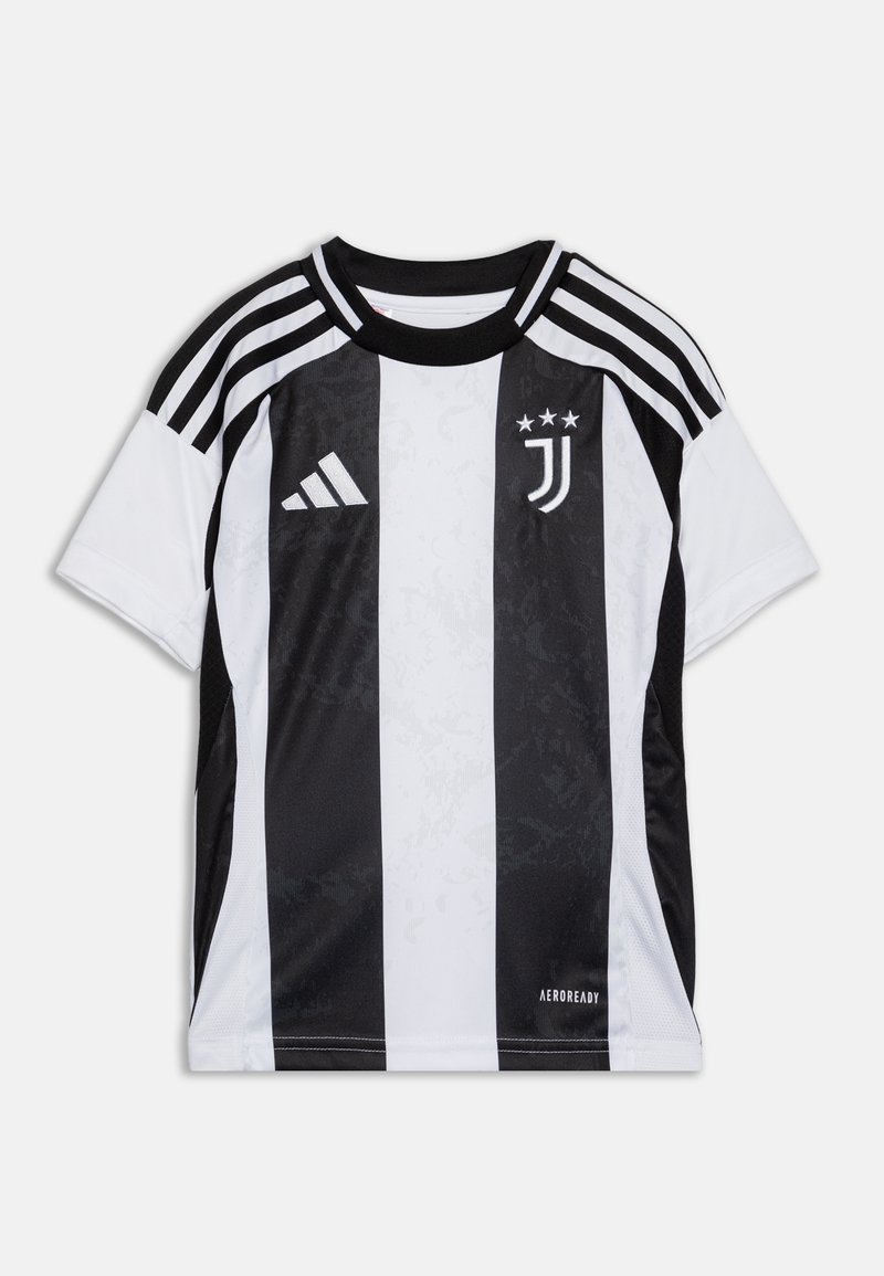 Maglietta da calcio della Juventus con strisce verticali bianche e nere, maniche corte, collo rotondo nero e marchio Adidas sulle spalle.