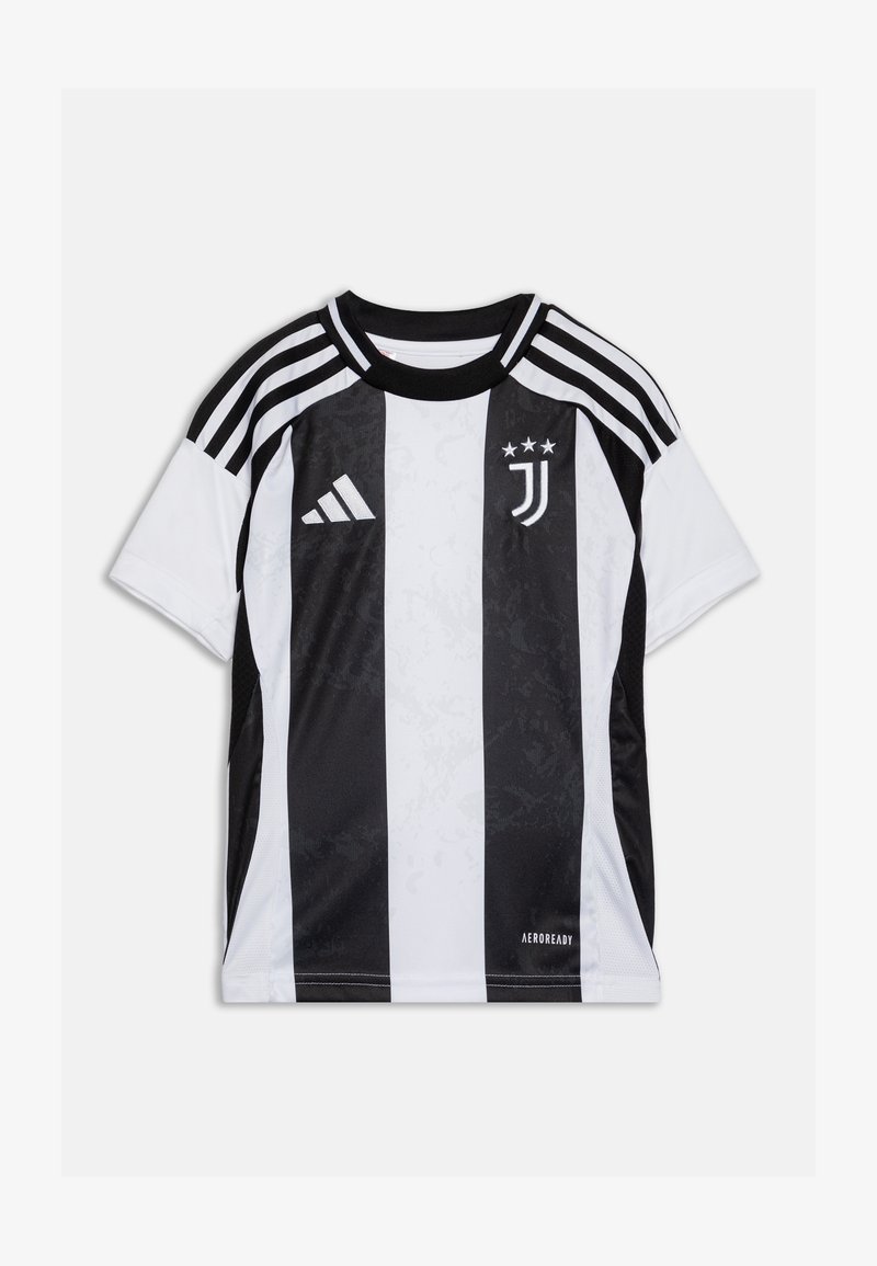 Futbalový dres Juventusu s čierno-bielymi vertikálnymi pruhmi, krátkymi rukávmi, okrúhlym čiernym golierom a brandingom Adidas na ramenách.