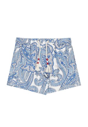 Costume da bagno bianco con motivo paisley blu e coulisse in corda con strisce rosse e blu su sfondo bianco.