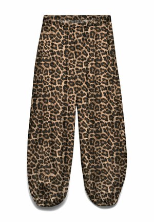 Pantalon ample avec taille et poignets élastiques, présentant un motif léopard marron et noir sur un tissu lisse.