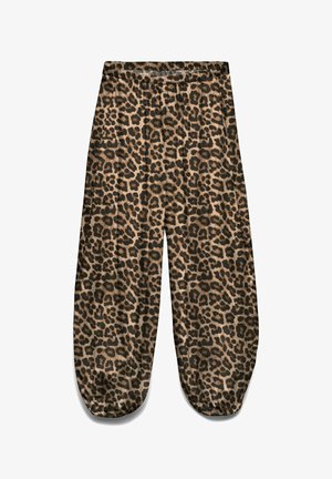 Pantalon ample avec taille et poignets élastiques, présentant un motif léopard marron et noir sur un tissu lisse.