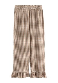 Brune og hvide ternede vide bukser med elastisk talje og flæsekanter.