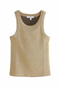 Ærmeløs ribbet tanktop i beige med discrete kontraststriber. Har en rund halsudskæring og brede ærmehuller for en behagelig pasform.