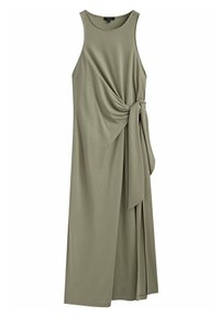 Robe sans manches, longueur genou en vert olive, dotée d'un nœud torsadé à la taille et d'une fente sur le côté, fabriquée en tissu doux et extensible.