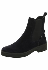Botas de tobillo de ante azul marino con paneles laterales elásticos, punta redonda y suela de goma. Incluyen un tirador para facilitar su uso.