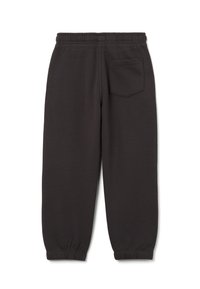 Black fleece jogger pants with elastic waistband, elastic cuffs, and a single back pocket on the right side.