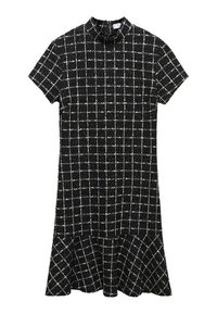 Vestido negro de manga corta con patrón de cuadrícula blanca, cuello alto y detalle de dobladillo acampanado.