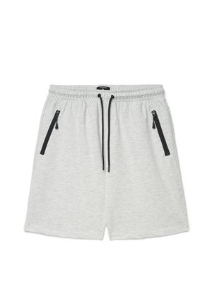 Pantaloncini casual grigio chiaro con vita elastica, coulisse nere e tasche inclinate con zip nere su entrambi i lati.