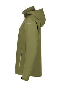 Olijfgroene outdoorjack met een capuchon, twee zijzakken met rits, een soepele textuur, verstelbare manchetten en een logo-detail op de schouder.
