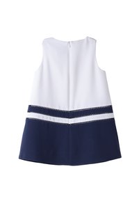 Abito senza maniche con un corpetto bianco e una gonna blu scuro. Presenta righe orizzontali blu scuro e bianche con una chiusura con zip sul retro.
